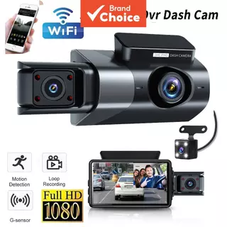 Câmera Veicular 3 Lentes 1080P HD WiFi com Tela, Frontal/Interna/Ré, Backup, DVR