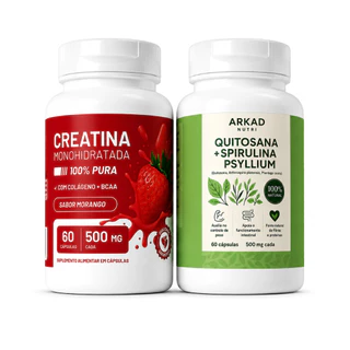 Kit 2 Potes – Creatina Monohidratada + Quitosana, Spirulina e Psyllium | 60 Cápsulas Cada