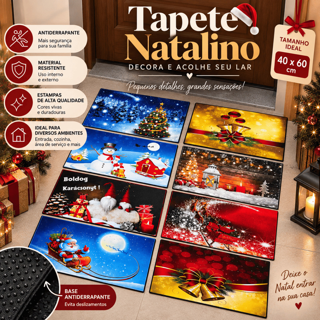Tapete de Natal Porta de Entrada Antiderrapante 40x60 Enfeite Natalino Passadeira de Natal