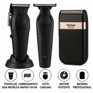 Kit Kemei Profissional Máquina 2299 + Shaver 2024 + Cortador 2296 Bivolt USB Cabelo, Barba, barbeiro