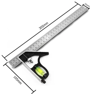 Esquadro de Medição Combinado 12 Polegadas 300mm Aço Inox Com Nível Profissional