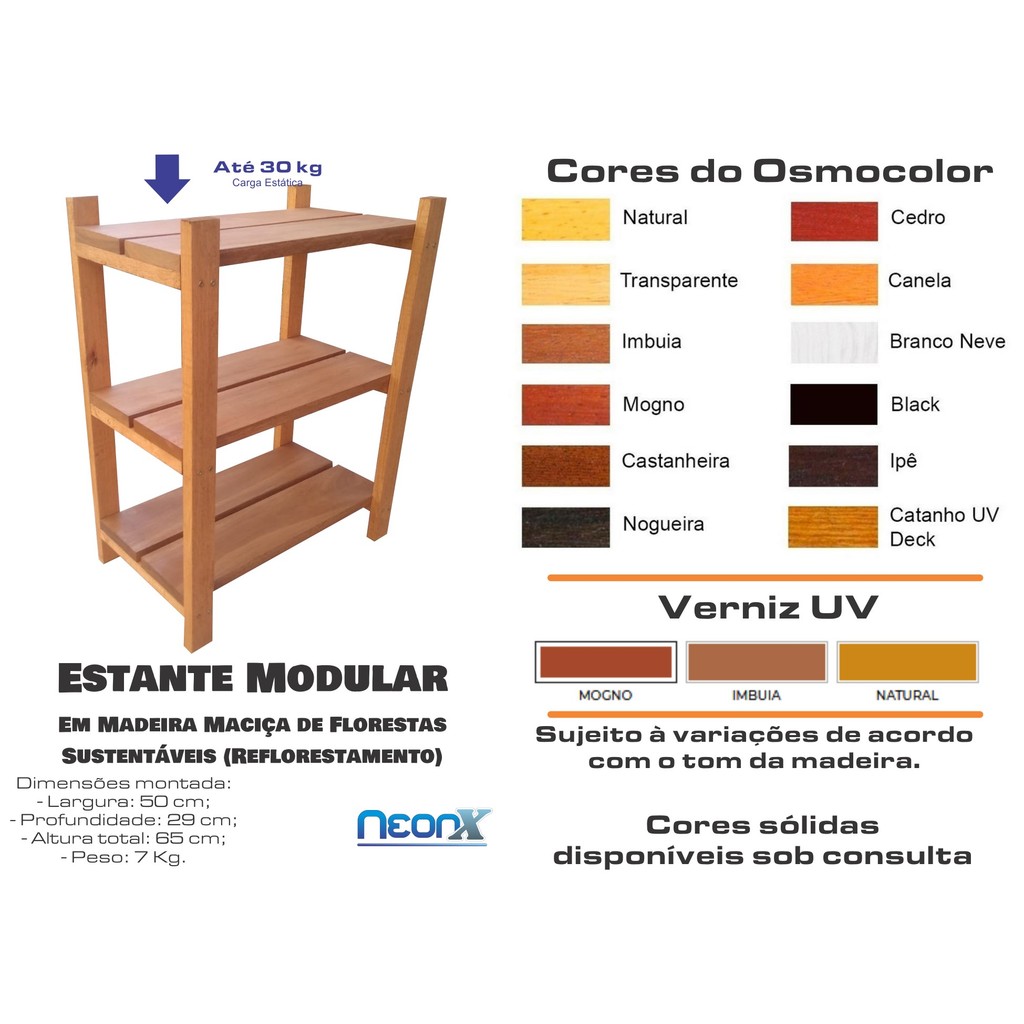 Estante Modular 3 Prateleiras Madeira Maciça 65x50x29 cm L12cm