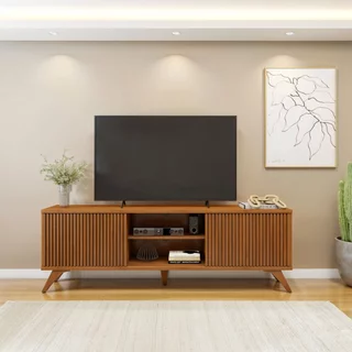 Rack para TV até 75 Polegadas 100% MDF com Ripado 2 Portas de Correr 180cm Pés Madeira Maciça Gaia Naturalle