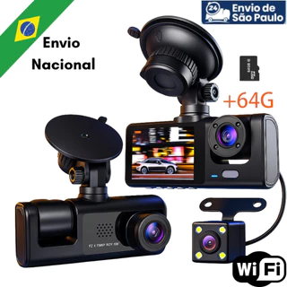 （Entrega 24 horas em São Paulo）Câmera de carro com gravação frontal e traseira, 3 câmeras 1080P HD, visão noturna