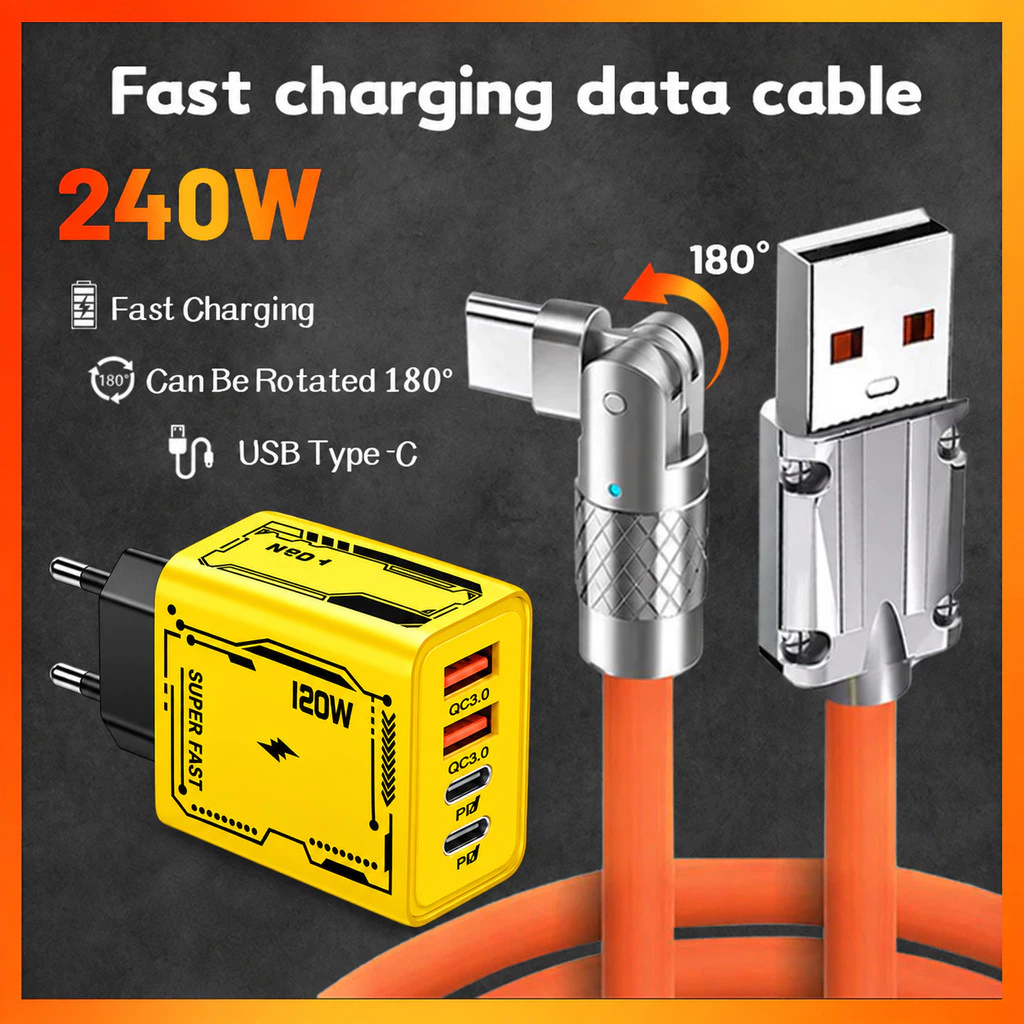 Kit Turbo Cabo 240W Rotativo + Carregador 120W com 2 USB QC3.0 e 2 Type C