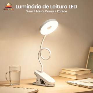 Luminária de Mesa LED com Presilha USB Recarregável Touch 3 Cores Dimerizável Flexível para Leitura