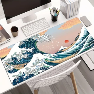 Mouse Pad Gamer Longo Arte Onda Japonesa Monte Fuji, Mouse Pad Antiderrapante Borda Costurada para Setup PC
