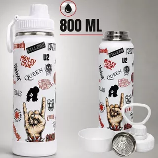 Garrafa Térmica 800ml Rock Bandas Música Rockeiro com Tampa Alça Impressão UV Presente Criativo