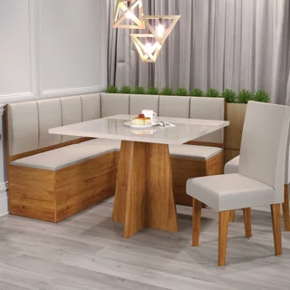 Conjunto Canto Alemão Baú Bariloche Mesa Quadrada 90cm X 90cm sem Vidro e 2 Cadeiras Venus em Mdp/md Mel/Blonde/Marfim