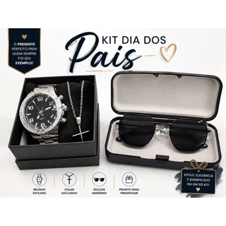 Kit Masculino Luxo Relógio + Óculos de Sol + Corrente com Pingente Cruz | Presente Masculino Completo