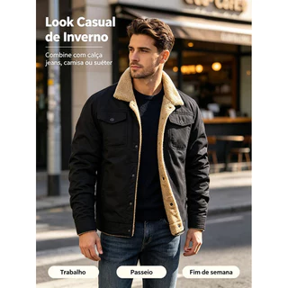 Jaqueta Masculina Inverno Forrada Com Pelúcia, Casaco Tipo Jeans Gola De Lã, Resistente Para Frio Intenso