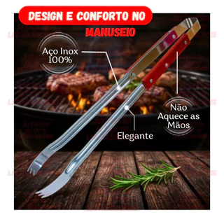 Par Pegador Pinça GRANDE Inox E Madeira Resistente Para Carne Churrasco Carvão