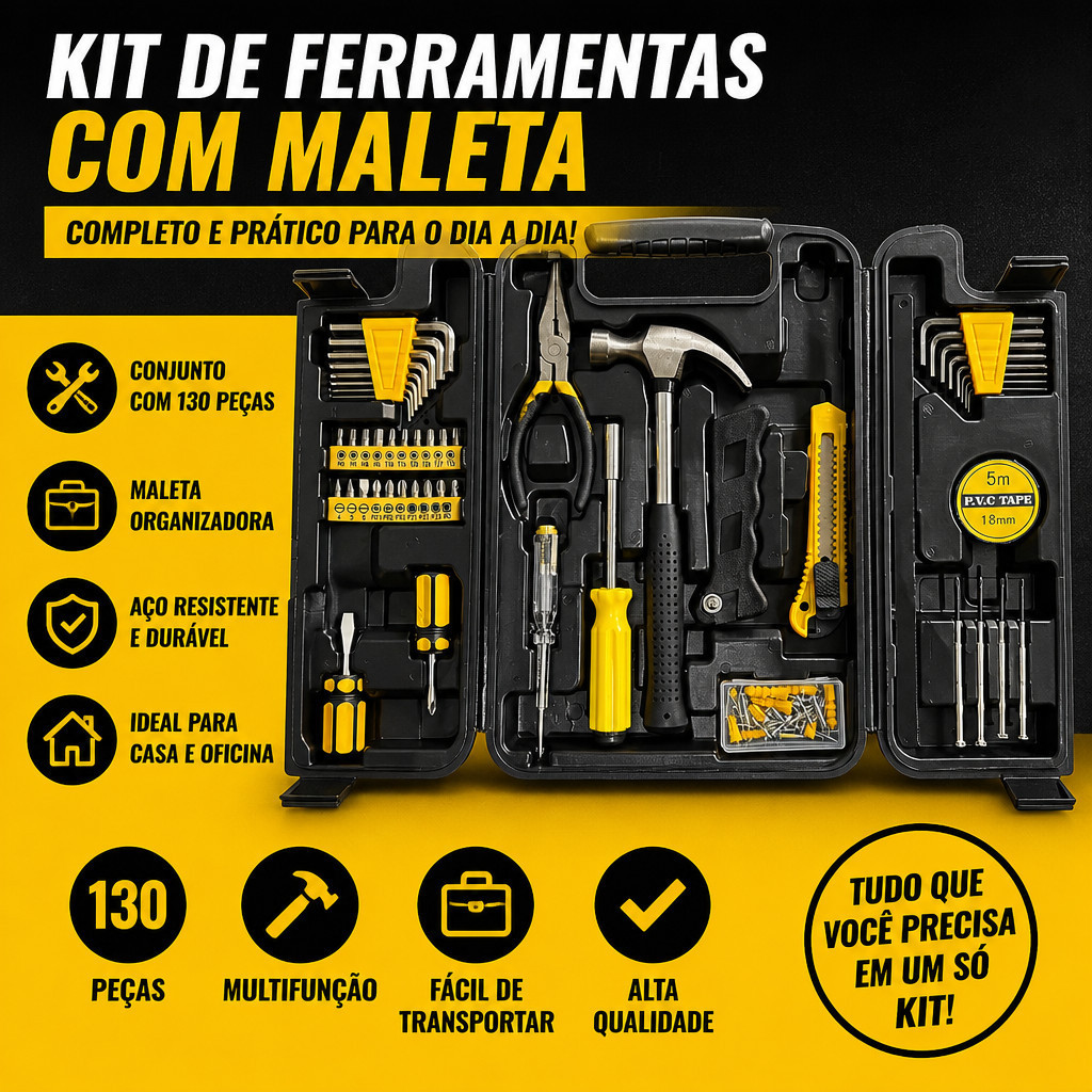 Kit 200 Peças Ferramentas Maleta Plástica Chave De Fenda Phillips Martelo Alicate Trena Serra Reparo Doméstico Carro Ofi