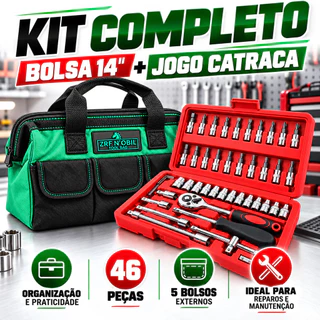 Kit Bolsa Ferramentas 14" + Jogo Catraca 46 Peças