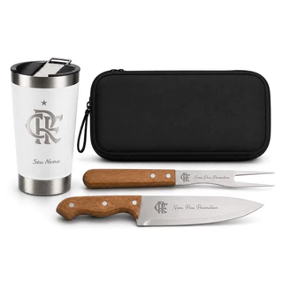 Kit Churrasco 2 peças + Copo Cerveja Refrigerante Térmico Inox 475ML Presente Personalizado Flamengo Branco + Nome