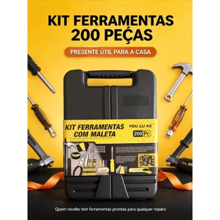 Kit Ferramentas 200 Peças Com Maleta Plástica Ferramenta Manual Reparo Doméstico Martelo Alicate Chave Phillips Medidor