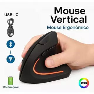 Mouse Vertical Sem Fio Bluetooth e 2.4G Recarregável Ergonômico para PC e Notebook