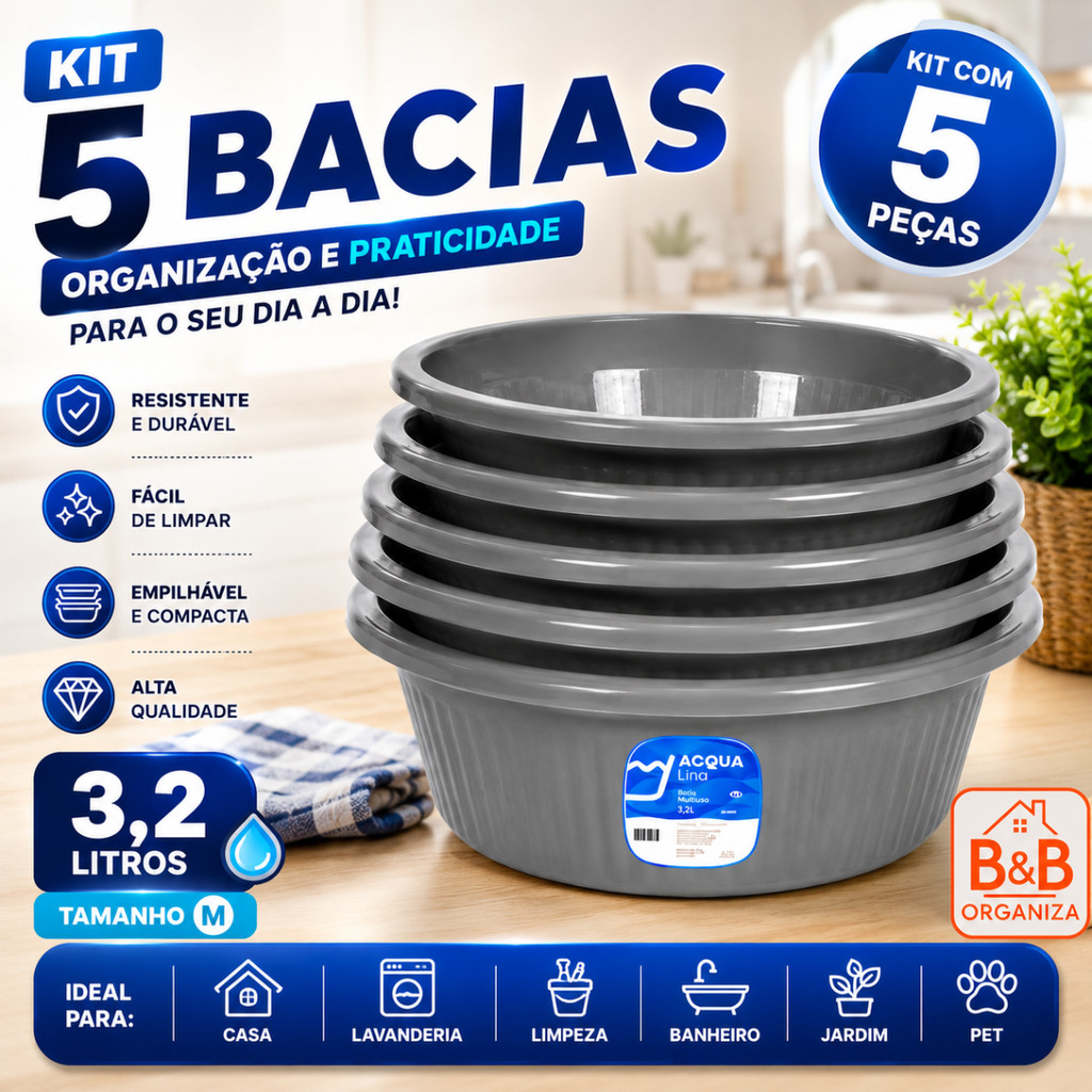 Kit 5 Bacias Multiuso 3,2L Plásticas Caneladas Redondas Reforçadas Para Cozinha Lavanderia Casa Jardim