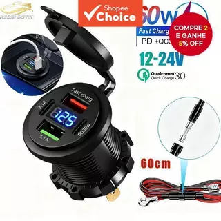 Lifestyle-1 Conjunto De Carga Rápida Para Carro QC 3.0 Carregador USB Duplo À Prova D'água Soquete Tipo C 12V/24 Motocic