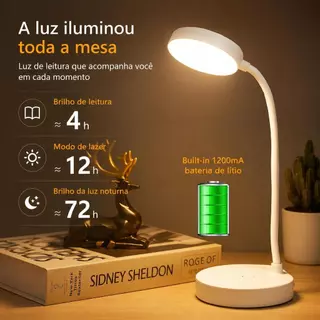 Luminária de mesa LED recarregável com toque sensível e haste flexível – perfeita para estudar sem fio!
