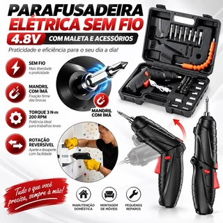 Kit Parafusadeira Elétrica/Furadeira 48 Peças À Bateria Sem Fio Carregador Usb Portátil Leve jimyy