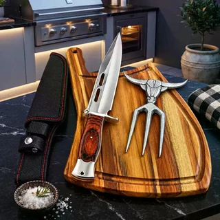 Kit Churrasco Premium Tábua Teca 44cm Faca Garra Tridente