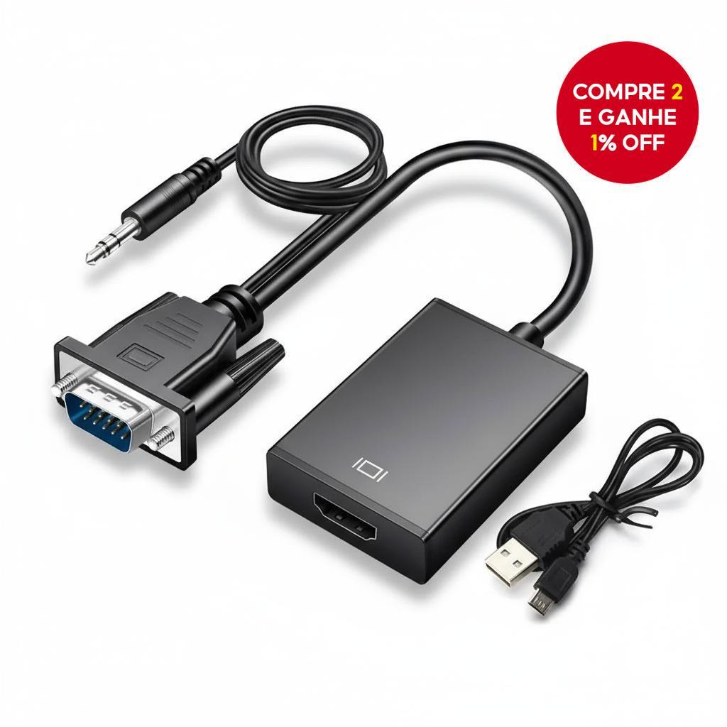  Cabo Conversor VGA para HDMI 1080P HD com Áudio 3.5mm para PC, Laptop, HDTV, Projetor