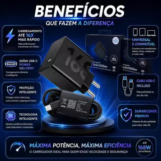 Carregador Turbo 168W Duo USB-C PD Carga Rápida + Cabo USB-C