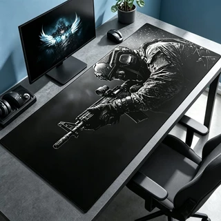 Tapete De Mesa Estendido Do Jogo Soldado Tático Branco Preto, Mouse Pad Grande Costurado Teclado Antiderrapante Para Jo