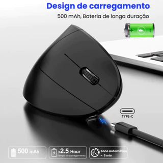 Mouse Vertical Ergonômico Sem Fio Recarregável USB Bluetooth Silencioso Ortopédico Mão Direita PC Gamer