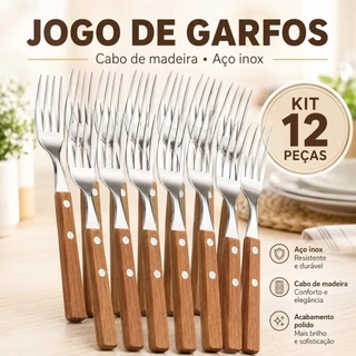 Jogo de Garfo 12 Peças Inox Cabo de Madeira – Ideal para Cozinha, Restaurante e Bares
