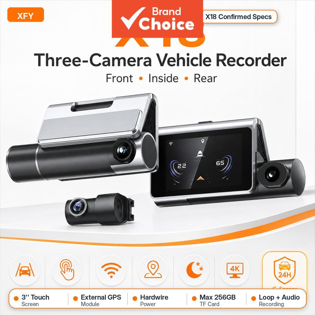 XFY X18 Câmera Veicular de 3 Canais 4K+2K+2K, Gravador Frontal, Interno ...