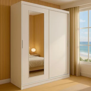 Guarda-roupa Solteiro 2 Portas de Correr 1 Espelho 1 Gaveta 6 Prateleiras 1 Cabideiro Palhoça Branco