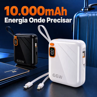 Carregador Power Bank 10000mAh 66W Carregamento Rápido Display Digital 2 Saídas com Cabo Tipo C Embutido