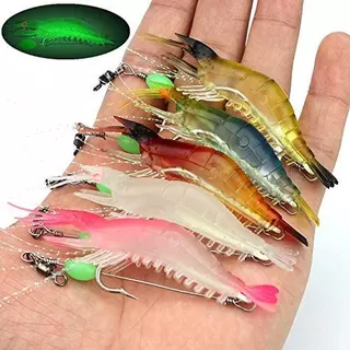 Conjunto 5 Iscas Luminosas De Pesca De Camarão Com Contas Giratórias De Anzol Silicone Artificial Isca Brilhante Robalo