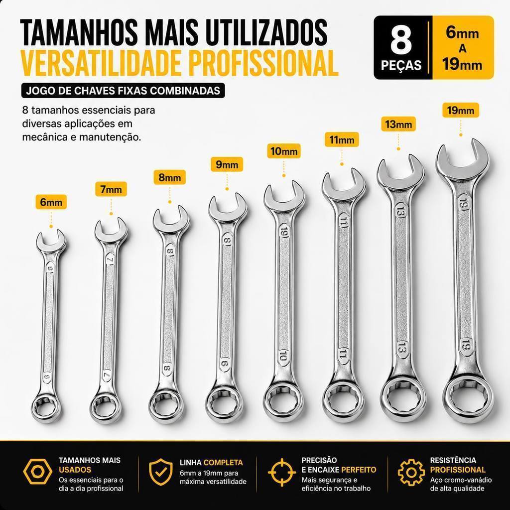 Jogo de Chave Combinada 6 a 19mm 8 Peças Aço Cromo Vanádio com Suporte Organizador Boca e Estrela