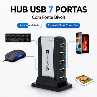 Hub Expansor USB2.0 7Portas Fonte Bivolt Inclusa Alta Velocidade de Transferencia 480Mbps Bivolt 110V/220V Plug and Play