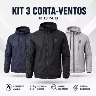 Kit 3 Jaquetas Corta Vento Kong Masculina com Capuz Repelente à Água e Bolsos Laterais