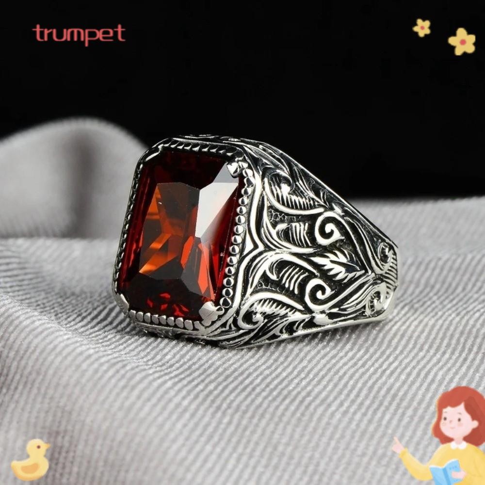 Anel Vermelho Trompet , De Sinete Vintage Incrustado Com Escultura Em Metal Prata Antigo Quadrado Unissex