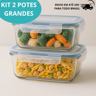 Kit 2 Potes Hermético 1040ml Vidro Tampa 4 Travas Marmita Fit Mantimentos Retangular