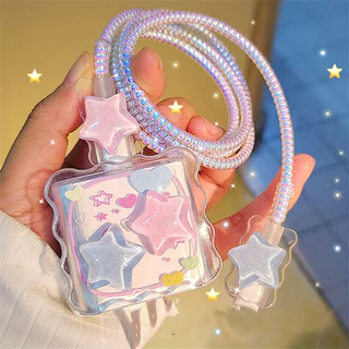 Kawaii Bonito 3D Estrela Amor Coração Onda Borda Protetor USB Capa Para IPhone 18/20W Linha De Dados Cabo Cabeça Caso Ca