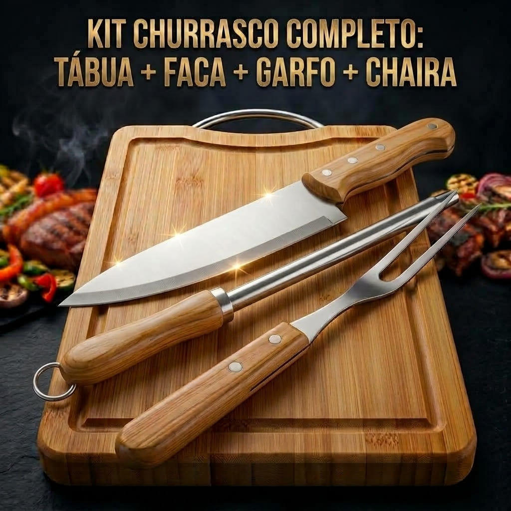 Super Kit Churrasco 4 Peças – Tábua + Faca Super Afiada + Garfo Trinchante Cabo Nobre