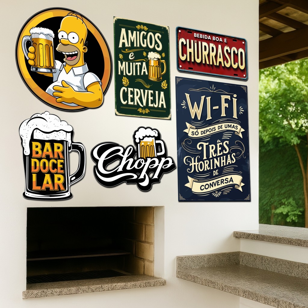 Kit 6 Placas Decorativas Vintage Cerveja Churrasco Bar MDF