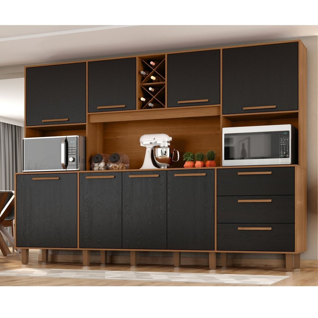 Kit de Armários para Cozinha Mdp 8 Portas 3 Gavetas Apollo Cinamomo/Preto