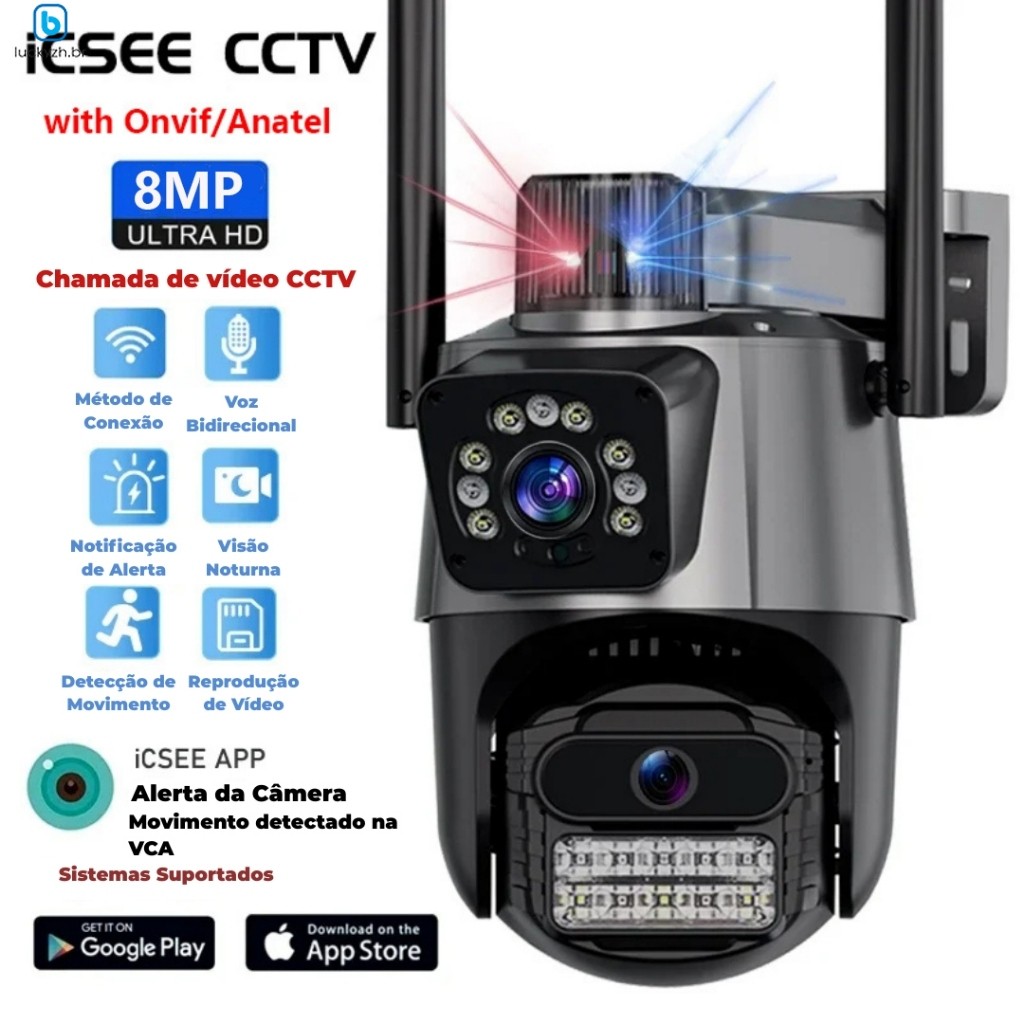 JL PROTEC 4K 8MP Câmera de Segurança 2 Lentes Audio e Microfone Câmera 360 Graus Wifi