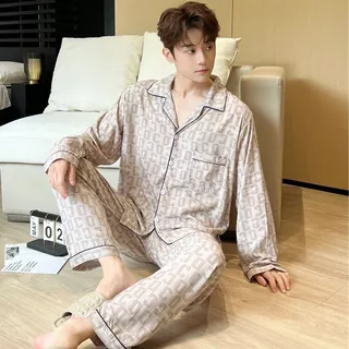 Pijamas de seda de algodão Premium masculino verão terno de manga comprida tamanho grande solto Cardigan verão fino luz em Oferta na Shopee