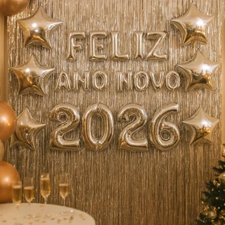 Kit Feliz Ano Novo Balão 2026 40 cm 2 Cortinas Metalizadas 6 Balão Estrela 10' Festa Decoração