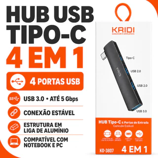 Hub USB Tipo-C 4 em 1 com 3 Portas USB 2.0/3.0 até 5 Gbps para Notebook e PC Descrição: