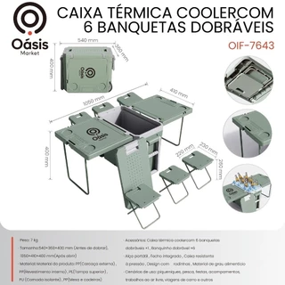 Caixa Térmica Verde 32L Oásis OIF-7643 com Mesas Dobráveis 6 Banquetas e Rodinhas Portátil