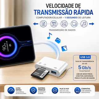 Adaptador Hub Tipo-C 3 em 1 Ultra Rápido USB 3.0 Leitor de Cartão SD TF Premium